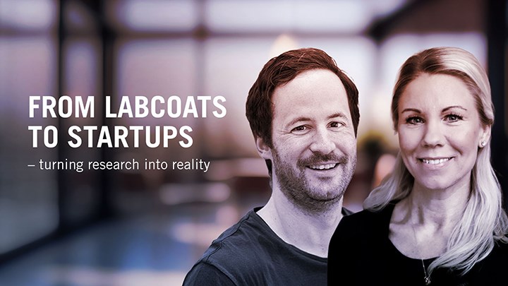Rafael Mosberger och Anna Duberg och text "From labcoats to startups - turning research into reality". 