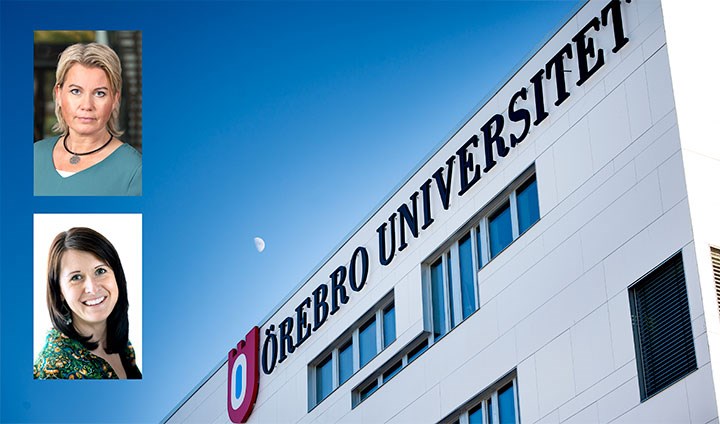 Sara Arvidson and Linda Harradine and a sign with Örebro university.