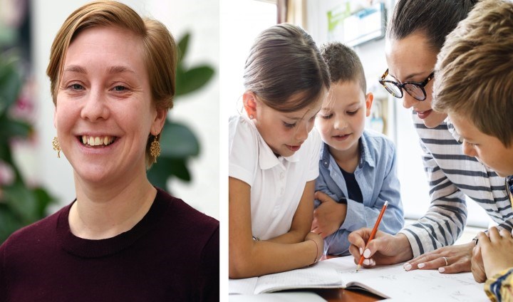 Josefine Karlsson till vänster och skolbarn med lärare till höger på bilden