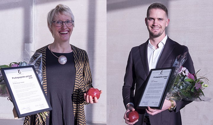 Annika Göran Rodell och Joakim Petersson står med diplom och rött äpple i handen. 