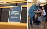 Ett montage av två bilder. En bild på en skylt med texten "Avstängd sittplats", en bild på en student som får en spruta av en sjuksköterska i munskydd.