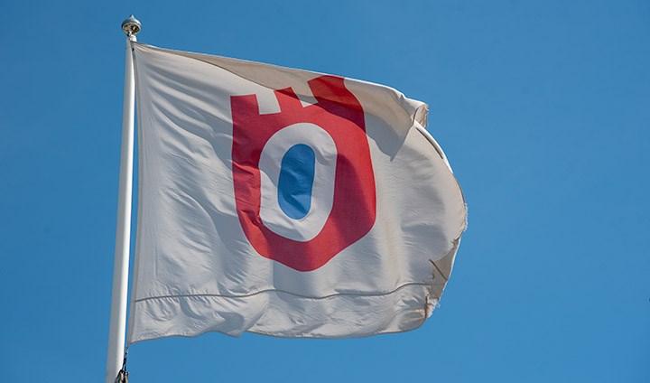 Örebro universitets flagga mot en blå himmel.