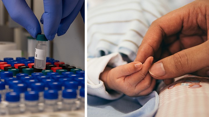 Two pictures next to each other: a baby hand and a test tube.