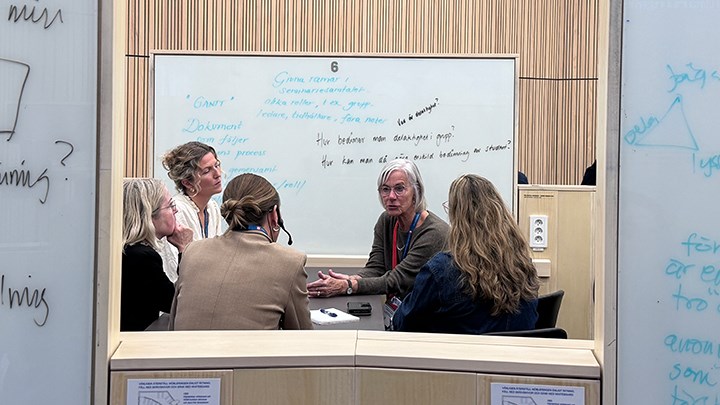 Fem kvinnor sitter runt ett bord inramade av tre whiteboards.