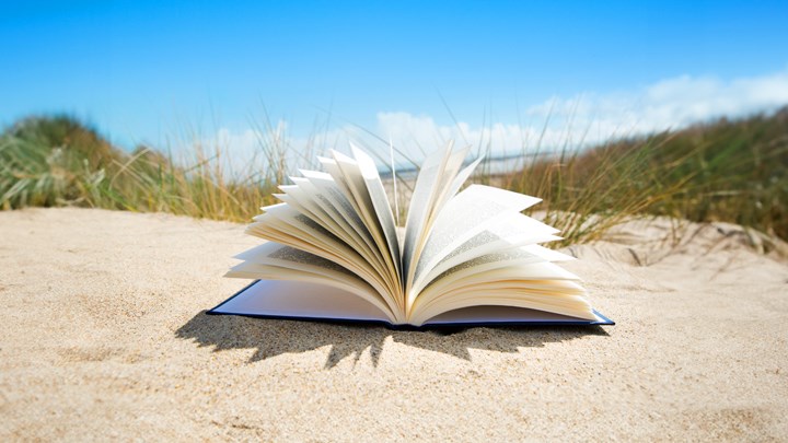 En bok ligger uppfälld på en sandstrand. Det är en blå himmel och gräs i bakgrunden.