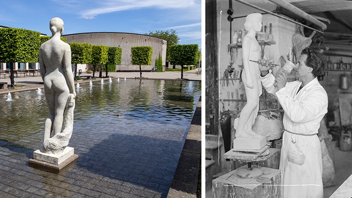 Statyn Kraka i Krakadammen i Örebro. En svartvit bild på konstnären Gustaf Nordahl i vit rock när han hugger en version av Kraka.