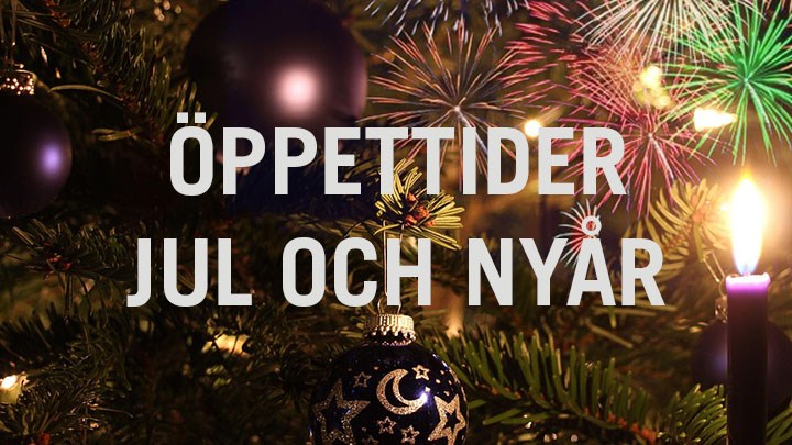 Bild på julgran och fyrverkerier med texten öppettider jul och nyår