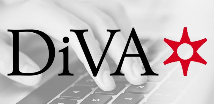 En hand på tangentbord i bakgrunden med DiVAs logotyp i förgrunden.