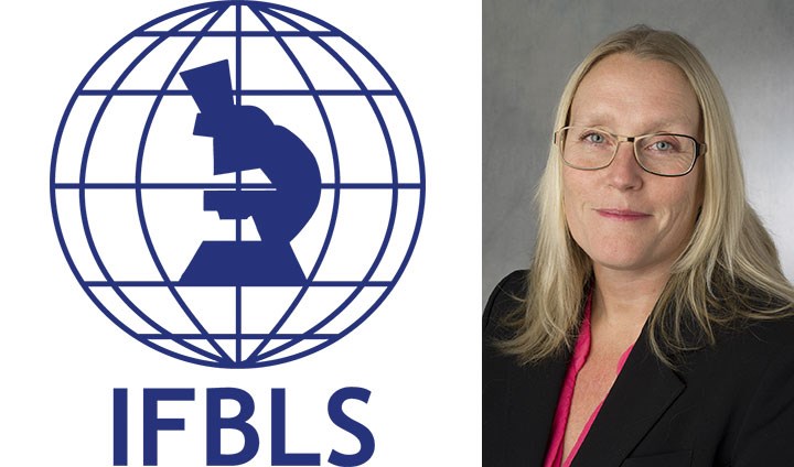 Logotypen för IFBLS och ett porträtt av Gabriella Lillsunde Larsson.