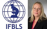 Logotypen för IFBLS och ett porträtt av Gabriella Lillsunde Larsson.