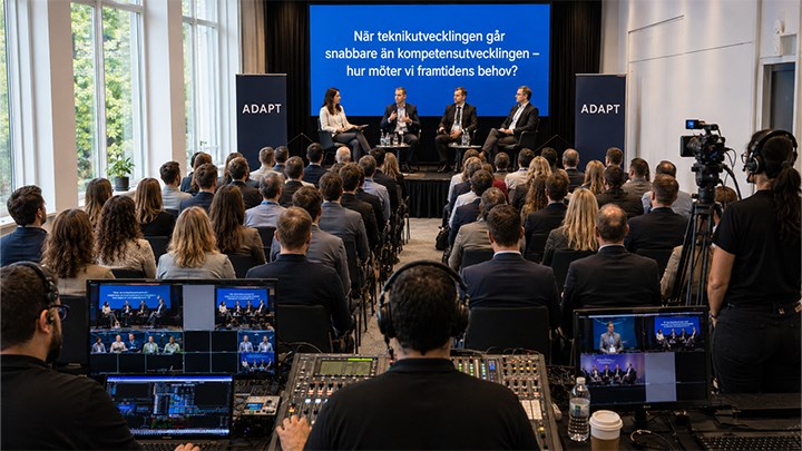 Bilden, som är AI-genrerad, föreställer ett livesänt lunchseminarium.