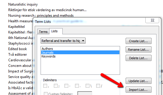 Skärmutklipp från EndNote med aktivitetsrutan för "Term lists".