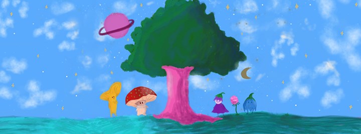 Målad bild med träd, svampar och planeter