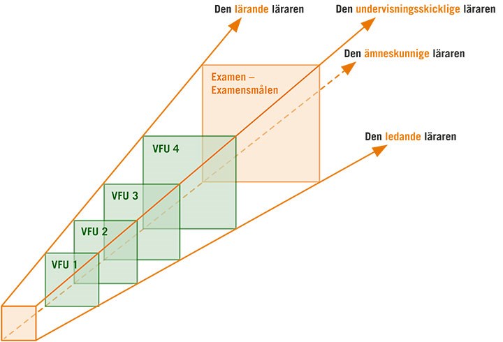 Fyra pilar utgår från varje hörn av en liten kvadrat. Pilarna fortsätter och blir hörn i större och större kvadrater som det står VFU1, VFU2, VFU 3 och VFU 4 på. Sist finns en stor kvadrat med texten Examen - examensmålen på. Varje pil representerar varsitt progressionsstråk. Det finns fyra progressionsstråk: Den ämneskunnige läraren, Den ledande läraren, Den undervisningsskicklige läraren och Den lärande läraren.