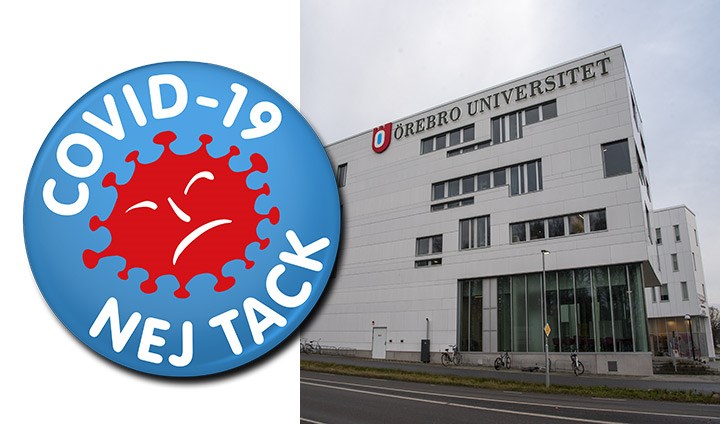 Ett montage av två bilder. Dels en bild på ett av Örebro universitets hus, dels en blå knapp med ett argt rött virus och texten "Covid-19 - nej tack""