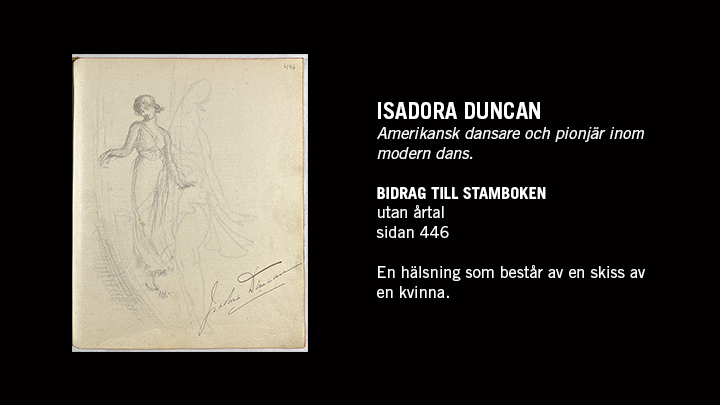 Foto på en sida med text och en skissad bild på en ballerina ur stamboken samt texten "Isadora Duncan. Amerikansk dansare och pionjär inom modern dans."