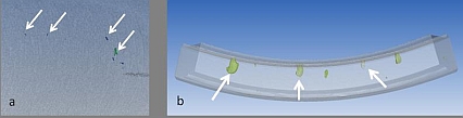 Bild på tomografering av defekter i fogar, a) i friktionsomrörningssvetsning (FSW) av aluminium, b) svetsdefekter i lasersvets av stål.