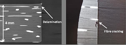 Picture of damages in drilled holes in a CFRP composite investigated by CT-scanning.