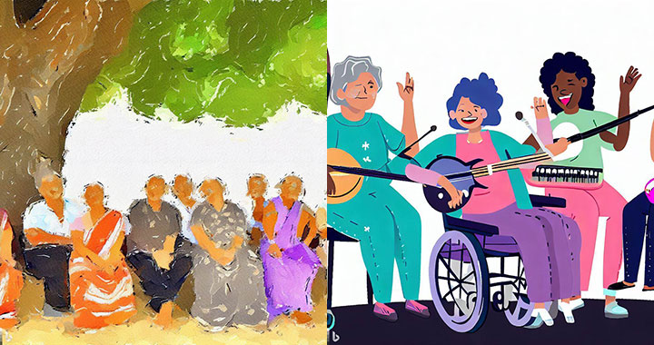 Ett collage med målade bilder av äldre personer som träffas.