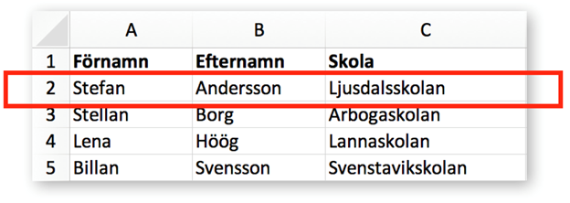 Bild på hur en adresslista ser ut i Excel