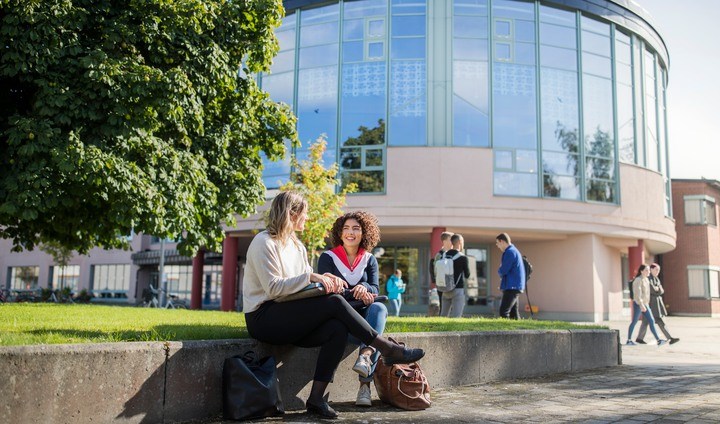 Students outside the library