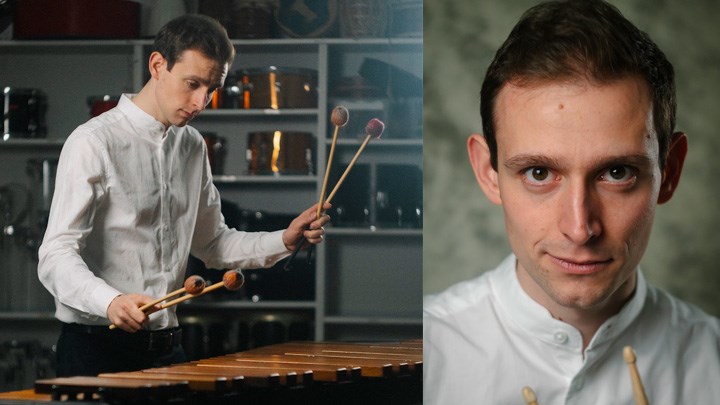 Two pictures of Filip Korošec: to the left he's playing a percussion instrument and on the right a profile photo.