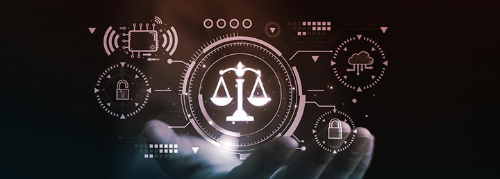 A balanced scale standing on a solid base, symbolizing justice and the rule of law.