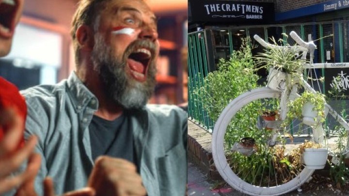 Men shouting and watch sport and a decorated bicycle