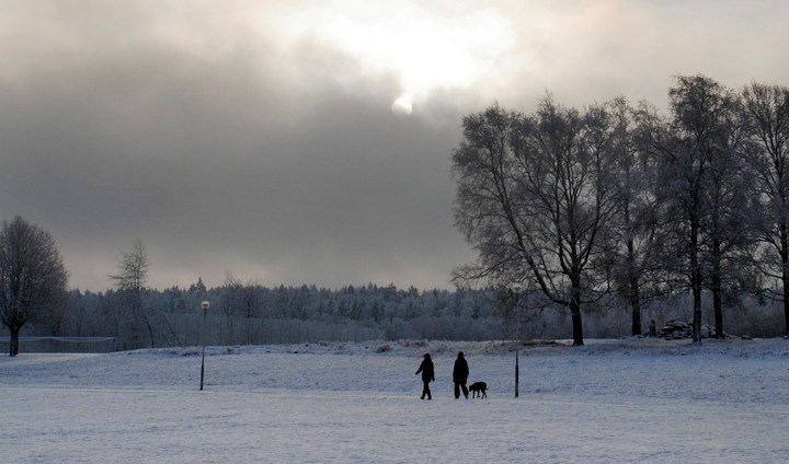 Två personer vandrar med hund i vinterlandskap.