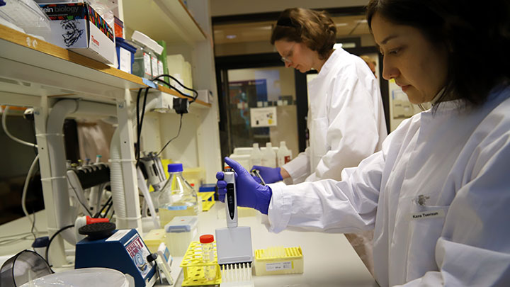 Two women stand at a bench with test tubes.