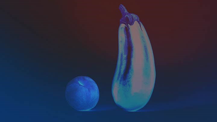 En blå persika och aubergine.