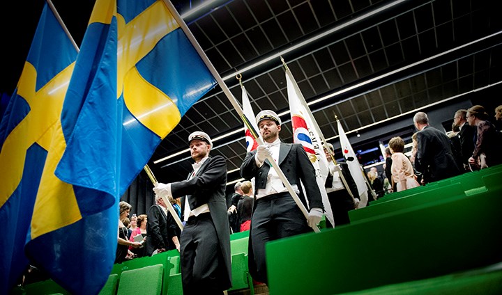 Students with flags.