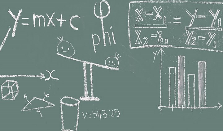 Matematiska uträkningar på en tavla.