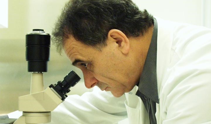 Forskaren Nikolaos Venizelos tittar i ett microskop