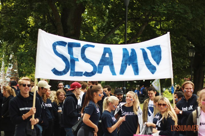 Gruppbild på sesam-sektionen och en flagga med deras namn och logga