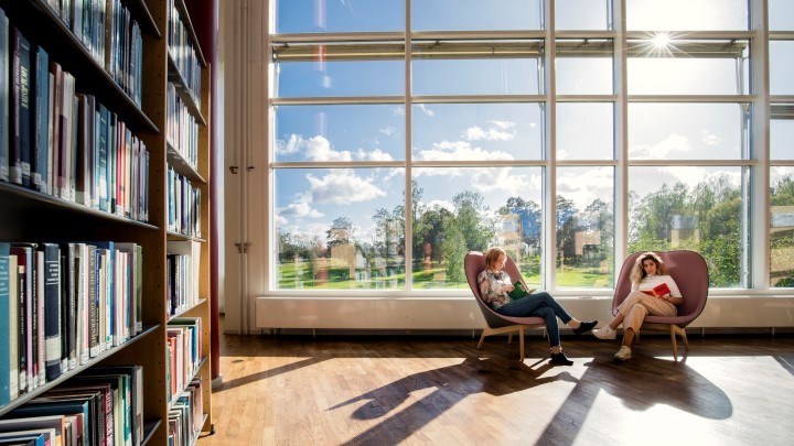 Två studenter som sitter och studerar vid ett stort fönster.