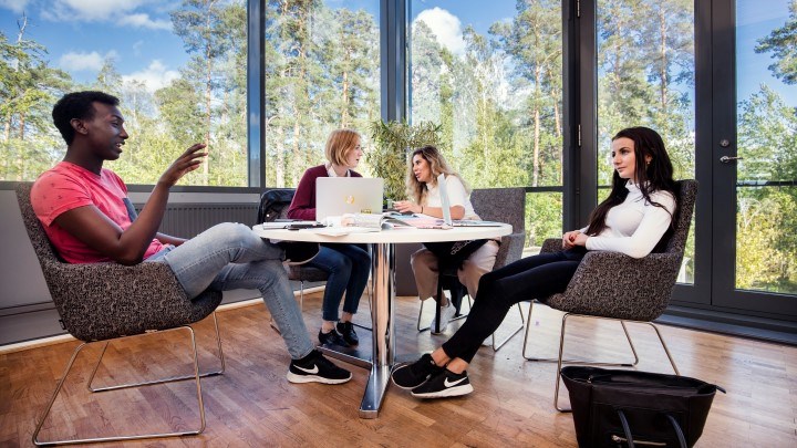 Fyra studenter som pluggar.