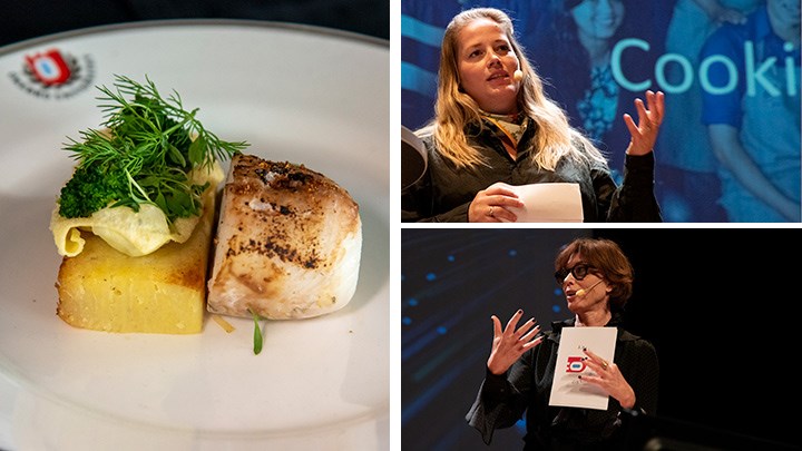 Ett collage med en maträtt och två kvinnor som talar på konferensen.