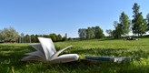 Foto på en uppslagen bok som ligger på en gräsmatta