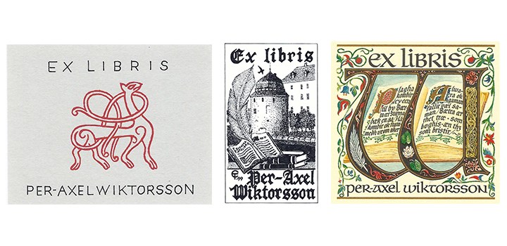 Bildkollage med tre av Per-Axel Wiktorssons exlibris.