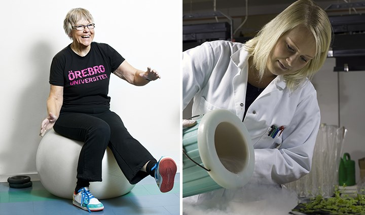 Two pictures in one. The first picture shows a woman balancing on a gym ball; the second shows a woman wearing a white lab coat and pouring a liquid.